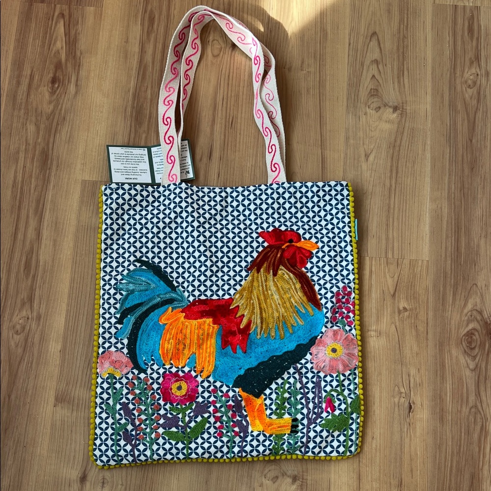 Colorful Rooster Embroidered Tote Bag